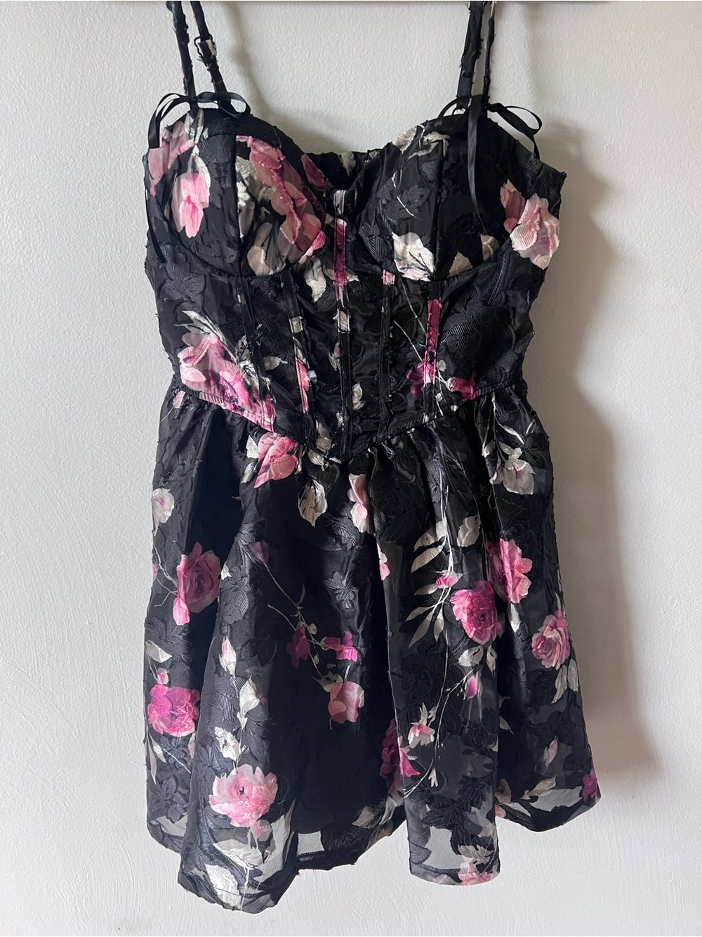 Trixxi Black Floral Bustier Mini Dress with Pink Roses